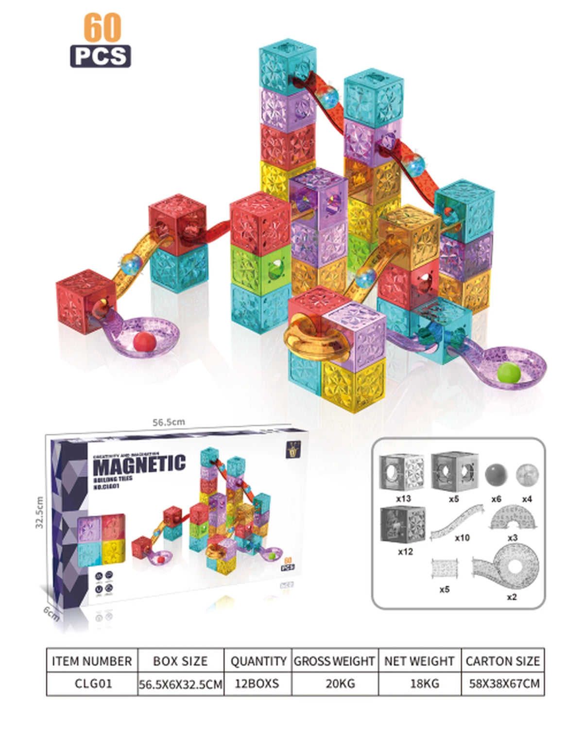 XINQIYUAN 3D Diamant Magnetische Bouwstenen – 60-Delig met Knikkerbaan – Multicolor – ABS Kunststof