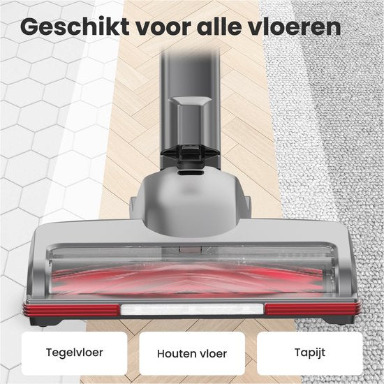 Auronic Steelstofzuiger Draadloos 220W - Draadloze Stofzuiger - HEPA Filter - Zelfstaand - Op Accu - Zonder Zak - Kruimeldief - Vacuum Cleaner - Grijs/Rood