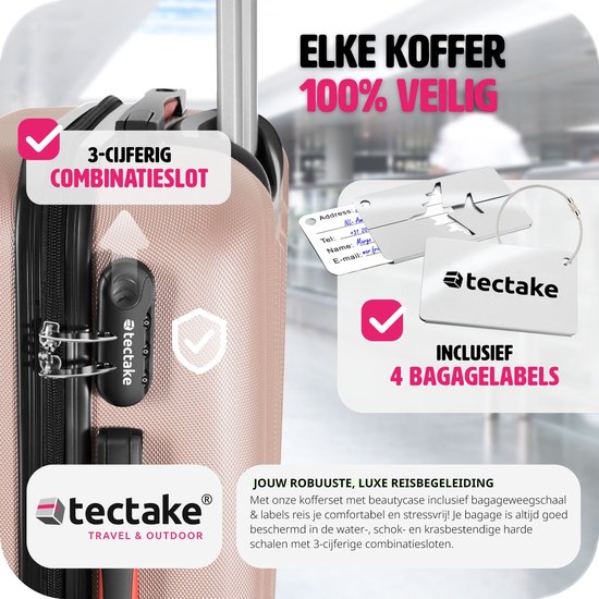 tectake® - 4-delige reiskofferset inclusief koffertrolley en bagageweger, 360° wielen, harde koffer met cijferslot, grote koffer, stapelbaar, trolley handbagage - rosegold