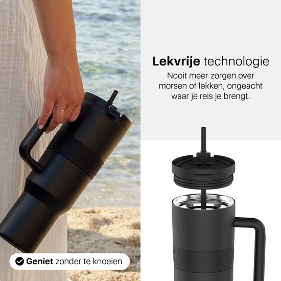 ONYX Drinkfles met Rietje 1 Liter - Waterfles voor Kinderen & Volwassenen - Thermosbeker RVS Travel Mug - Motiverende Drinkbus - Drinkbeker voor School - Onyx Black