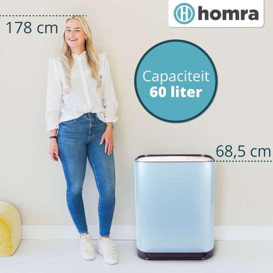 Homra Rockx Prullenbak 60 Liter - Duo Pedaalemmer 2X30L met Geurfilter - RVS Afvalscheidingsprullenbak 2 Vakken - Recycle Afvalbak - Vuilnisbak Keuken - Afvalemmer Afvalscheiding - Dubbele Prullenbakken Blauw