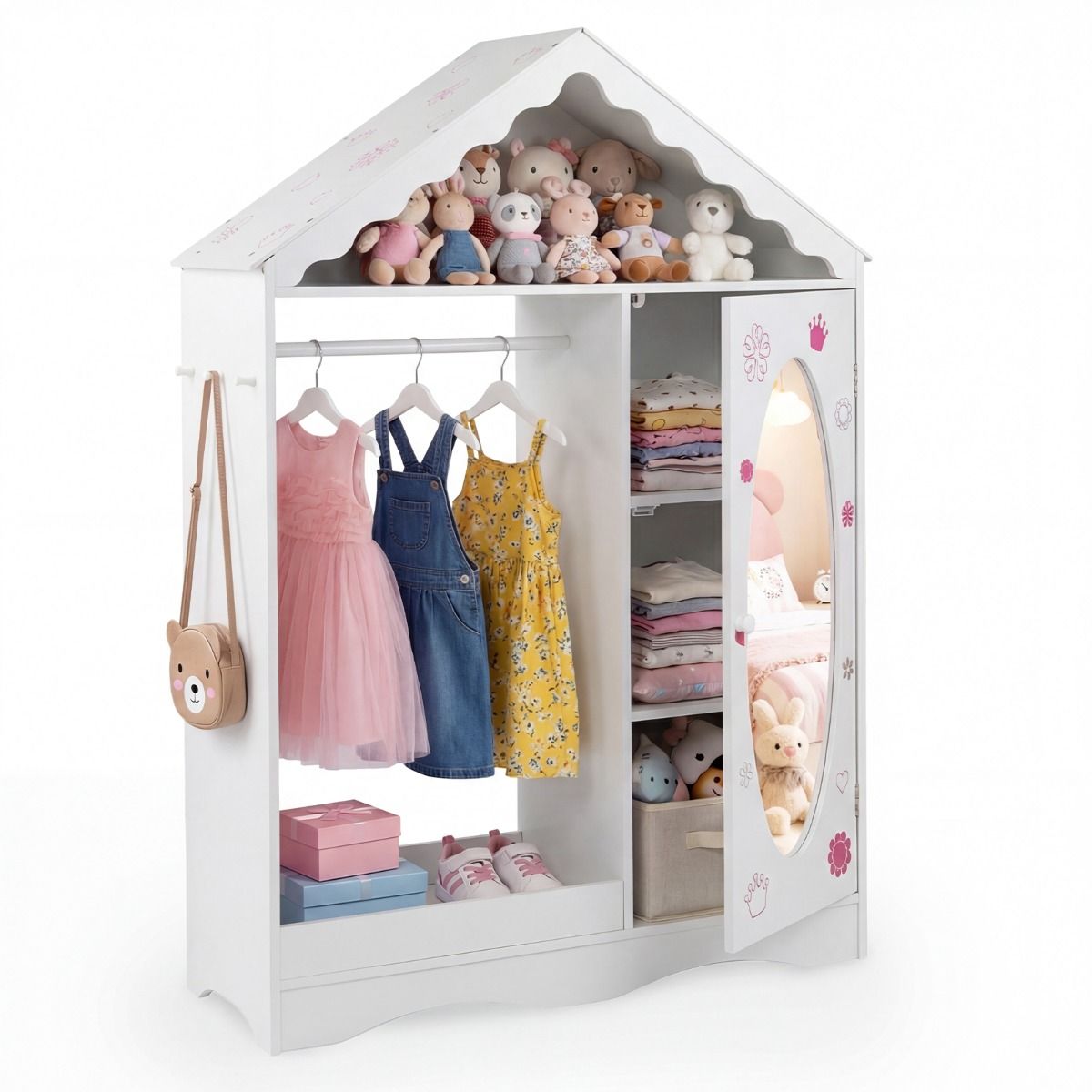 Coast kinderkledingkast met spiegel - dakvormig ontwerp - open kledingstang en planken - wit