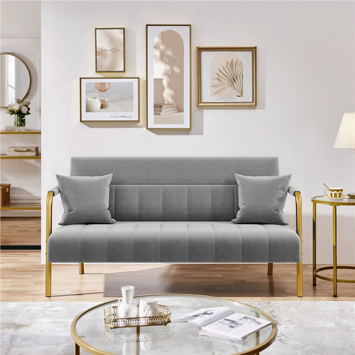 Gestoffeerde Tweezitsbank met Armleuningen en Metalen Poten Lichtgrijs 143,5 × 71,5 × 75,5 cm