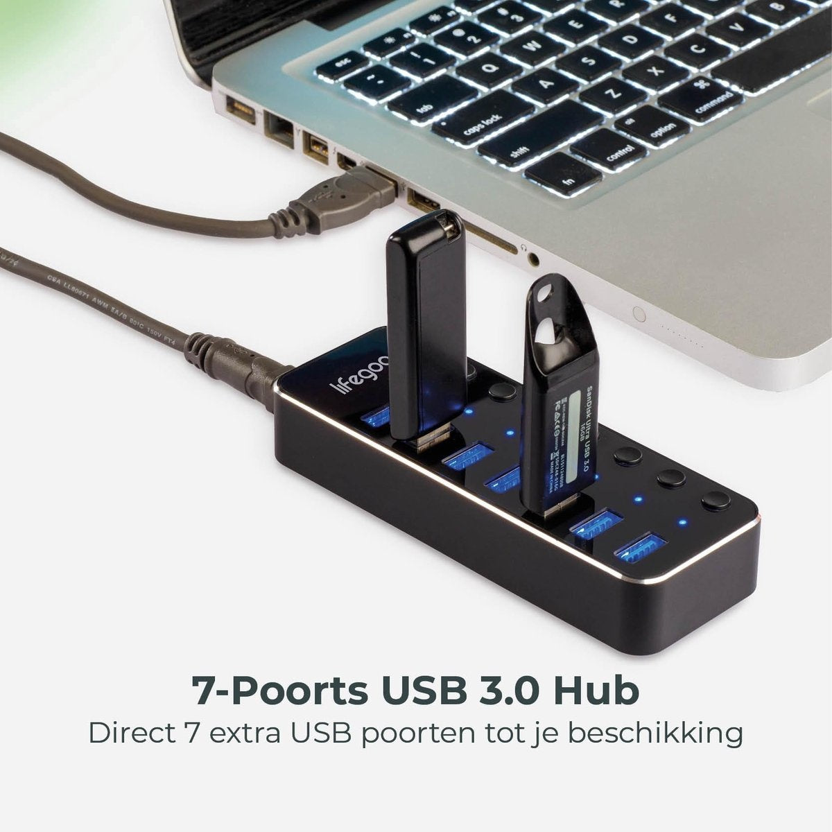 Auronic USB Hub 3.0 - USB Splitter met 7 Poorten - met Voeding - 5 GBPs - Led Indicatie - Zwart