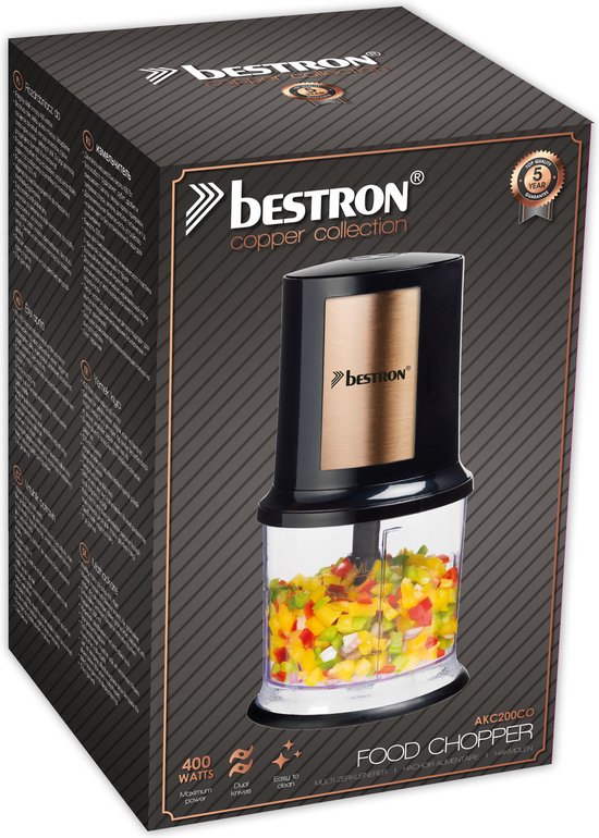 Bestron Hakmolen - AKC200CO - 500ml inhoud - 2 RVS messen - Pulsfunctie - Koper - 5 jaar garantie