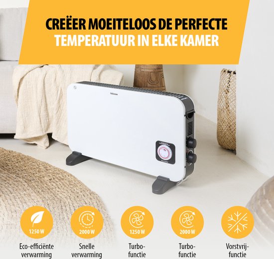 Tristar KA-5816 Convectorkachel - Elektrische kachel - 2 warmtestanden - 1250/2000W - Turbofunctie - 24u Timer - Oververhittingsbeveiliging - Wit - Vorstvrijfunctie - Eco-efficiënte verwarming - Draaghendels