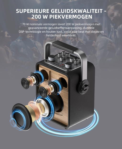MLOVE D5 Karaoke Machine - 200W - 2 Draadloze Microfoons - Bluetooth - Zwart