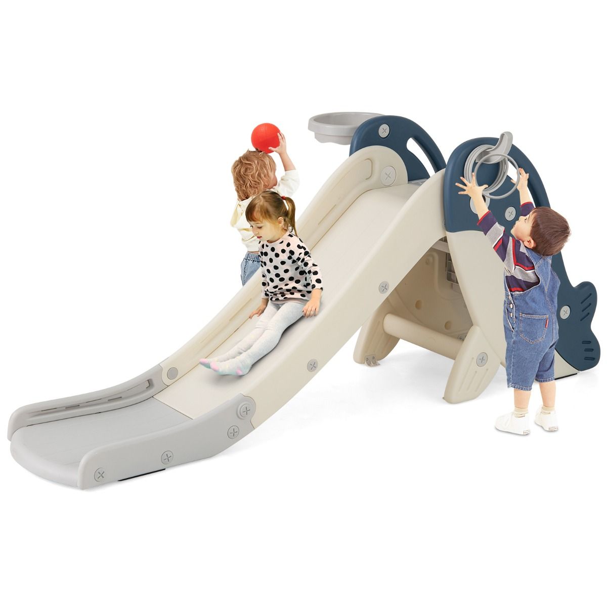 Coast Kinderglijbaan met Basketbalring en Ringwerpspel - Opvouwbare Speelset - Walvisontwerp - Blauw