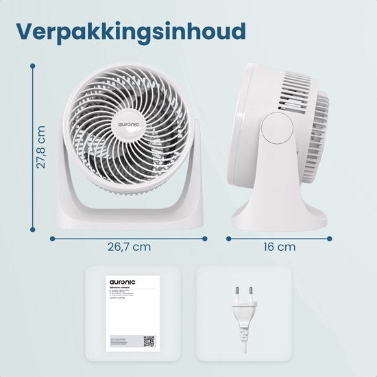 Auronic Tafelventilator - 3 Snelheden - Kleine Ventilator - Vloerventilator - Muurmontage mogelijk - 41db - 90° Oscillatie - 7 Meter Luchtstroom - Wit