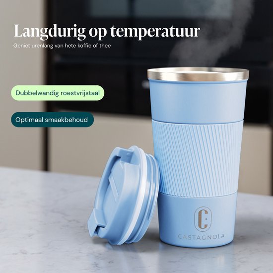 Castagnola Thermosbeker - Koffiebeker To Go - Travel Mug voor Koffie en Thee - Theebeker - 510 ML - RVS - Lichtblauw