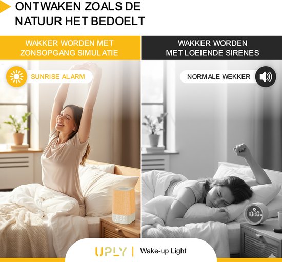 UPLY Wake up light - Met USB oplaadpunt - Met 30 geluiden - Wekker met licht - White noise - Digitale wekker