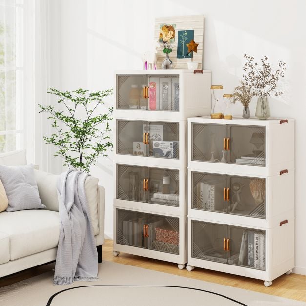 Coast Opbergboxen Wit/Bruin – Stapelbare Opbergkast met Deuren en Wielen – 284L – 65 x 39 x 142 cm