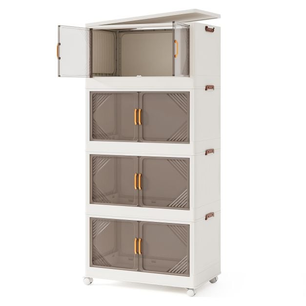 Coast Opbergboxen Wit/Bruin – Stapelbare Opbergkast met Deuren en Wielen – 284L – 65 x 39 x 142 cm