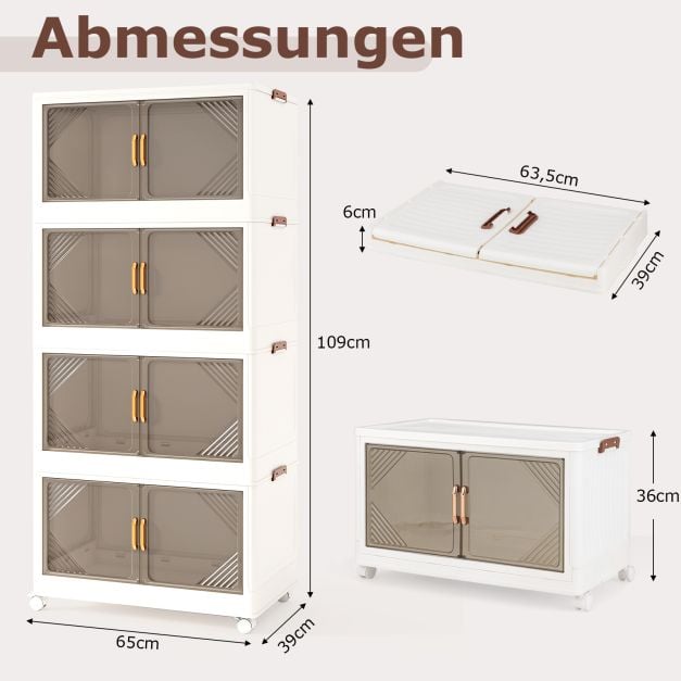Coast Opbergboxen Wit/Bruin – Stapelbare Opbergkast met Deuren en Wielen – 284L – 65 x 39 x 142 cm