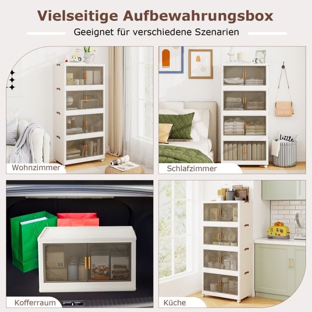 Coast Opbergboxen Wit/Bruin – Stapelbare Opbergkast met Deuren en Wielen – 284L – 65 x 39 x 142 cm