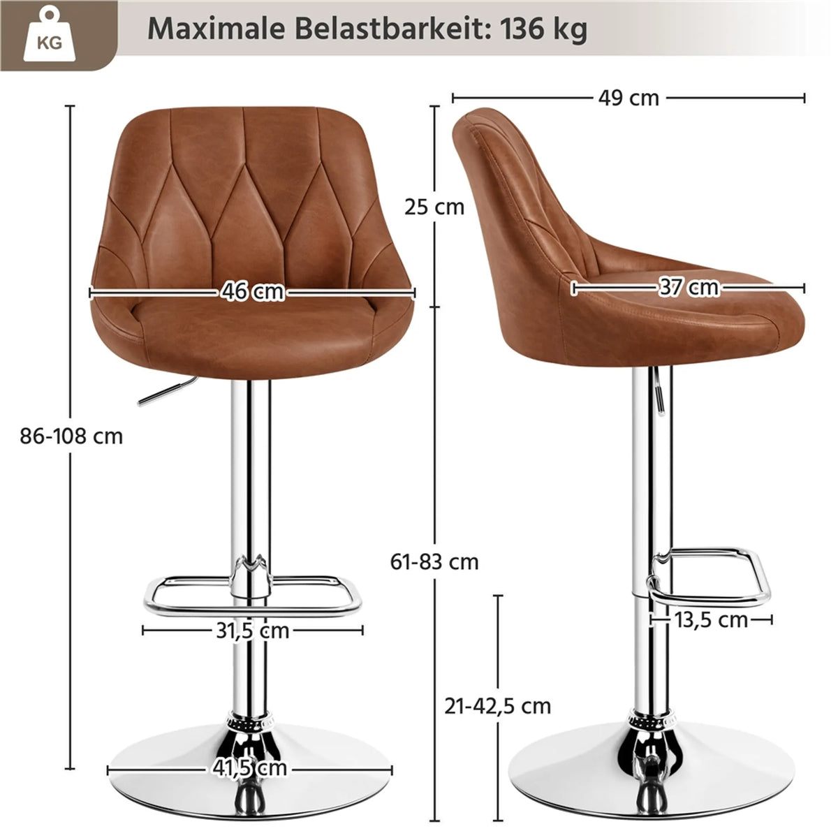 Yaheetech Set van 2 Verstelbare Barhocker / Barstoelen 86-107,5 cm – Sfeervol Bruin – Kunstleder en Metaal