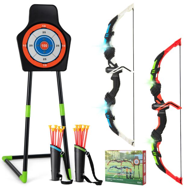 Boog en pijl set voor kinderen met LED-verlichting – incl. 20 pijlen, 2 draagkokerpauldrons, staand en hangend doelwit – speelset voor binnen en buiten – 110 x 30 cm