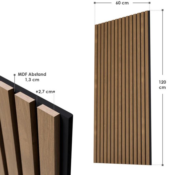 Akoestische Wandpanelen – Set van 4 – Geluidsabsorberend MDF & PET Schuim – Naturel Donker – 120 x 60 x 1,8 cm