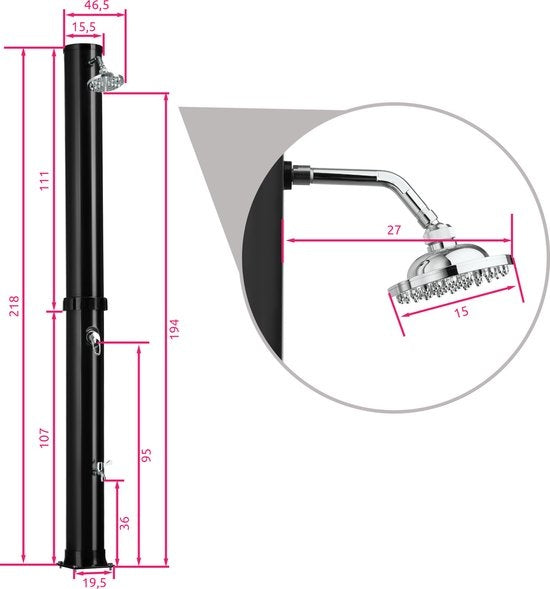 tectake - Buitendouche Orinoco 38 l zwart - 404471