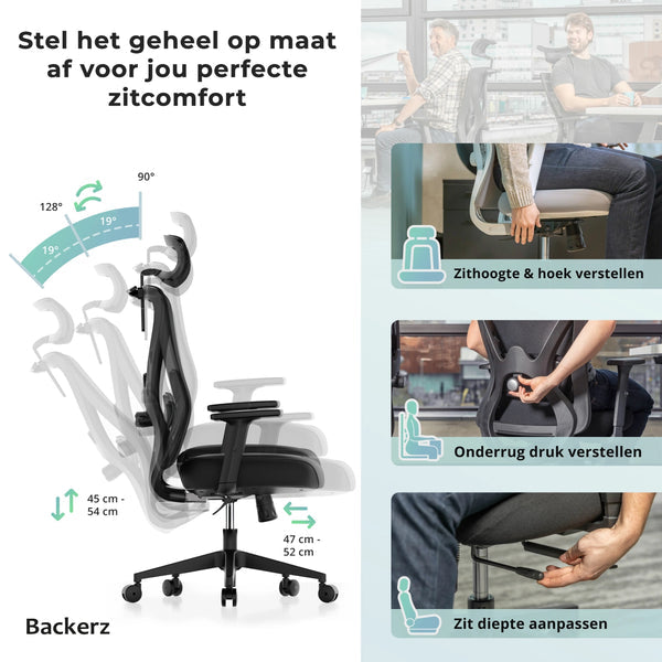 Backerz Motion Mesh Ergonomische Bureaustoel – Ademend Mesh – Verstelbare Rug- en Armsteun