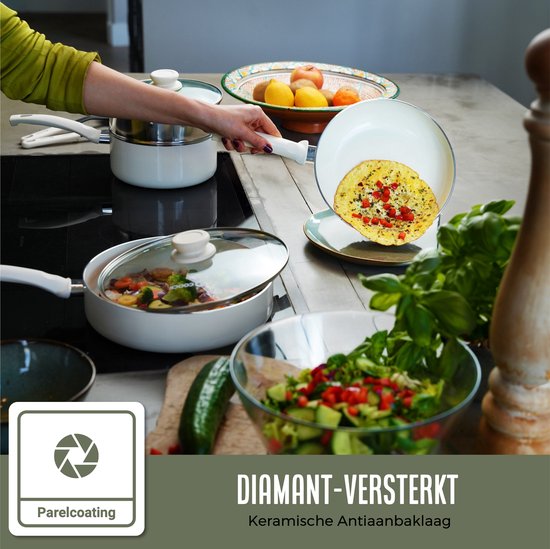 COOCK 19-Delige Pannenset Inductie - Speciale Anti-Aanbak Coating - Ergonomische Koudgrepen - Gerecycled Aluminium - koekenpannenset - kookpottenset - Wit - Inclusief Onderzetters en E-book