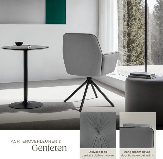 tectake® Draaifauteuil Lenia - Set van 2 Draaifauteuils met Armleuning - Draaibare Eetkamerstoel - Draaibare Fauteuils - Gestoffeerd - Fluweellook Antraciet/Zwart