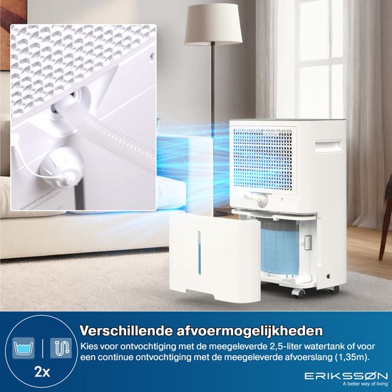 Erikssøn Luchtontvochtiger Dry Pro Plus - Ontvochtigt Tot 20 Liter Per Dag - Was-droog Functie - Geschikt Voor Huis, Slaapkamer , Badkamer , Woonkamer En Kelder - Dehumidifier - Vochtvreters Voor In Huis - Wit