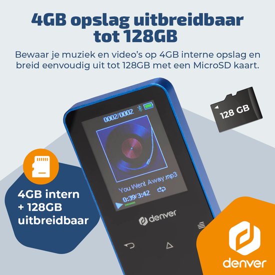 Denver MP3/MP4 Speler - Bluetooth - Shuffle/Herhaal - SD kaart tot 128GB - Incl. oordopjes - Dictafoon - MP1830BU - Blauw