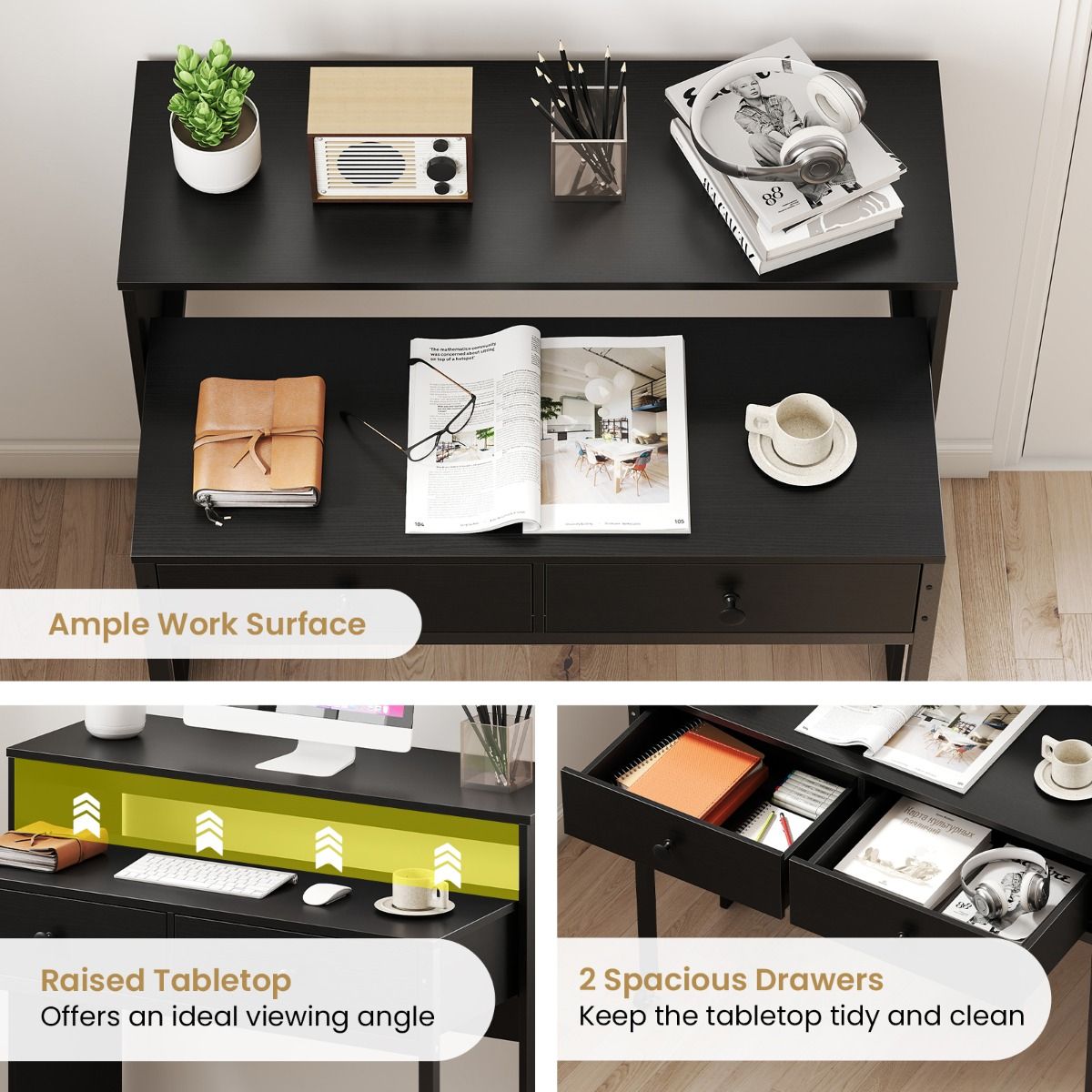 Coast Uitschuifbaar Bureau - met 2 lades - vergrendelbare wielen - zwart - 100 x 63 x 88 cm