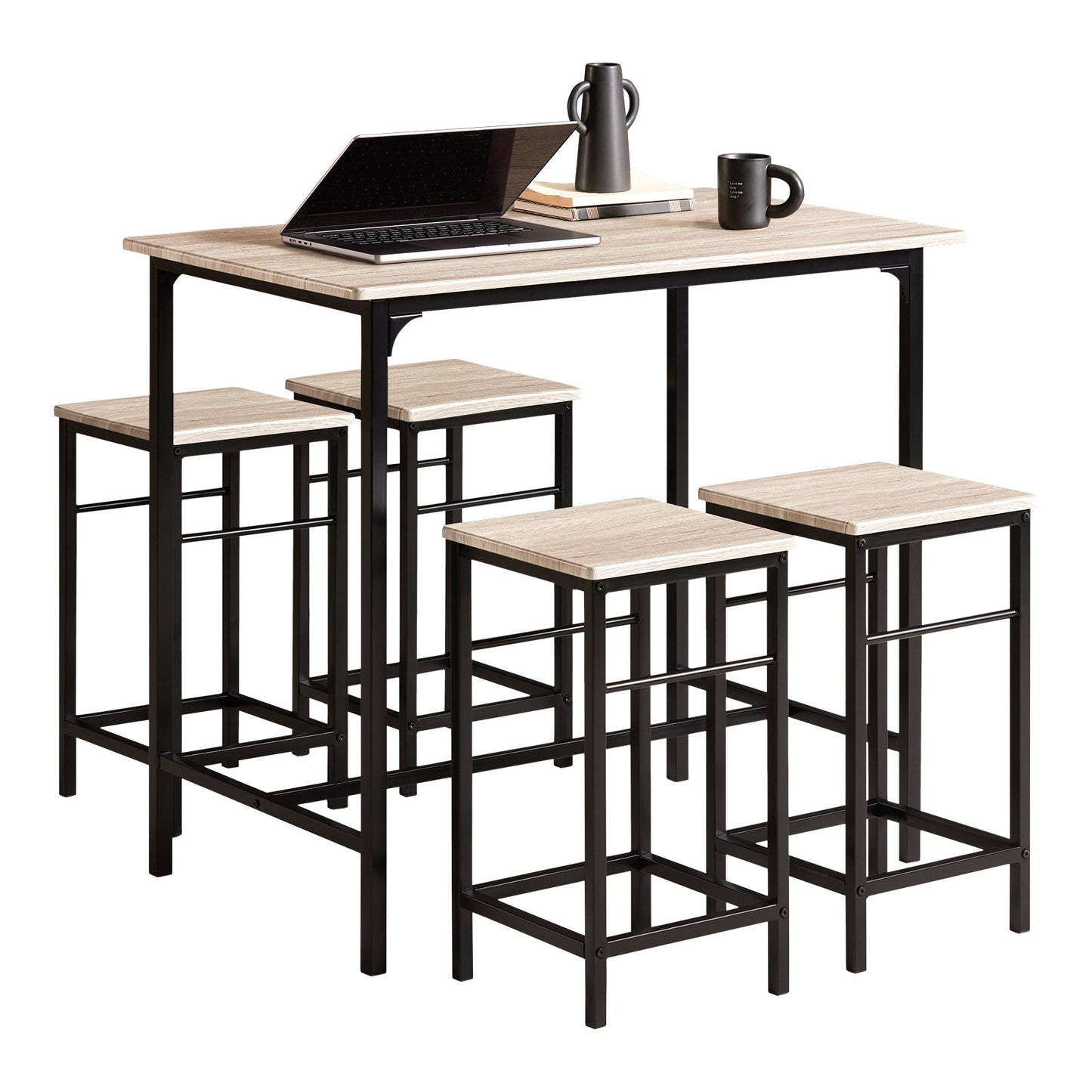 SoBuy Bartafel met 4 Krukken - Modern - max. 120 kg - Zwart / Bruin