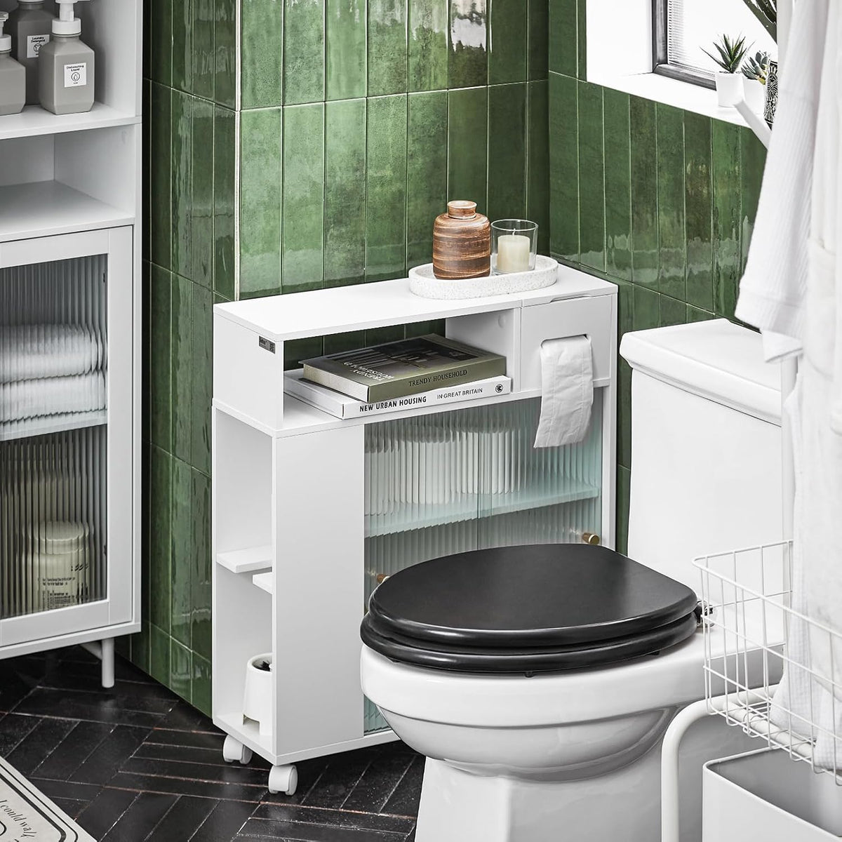 SoBuy Badkamer opbergkast op wieltjes met 2 deuren - 60x20x71 cm - Max. 45KG - Wit