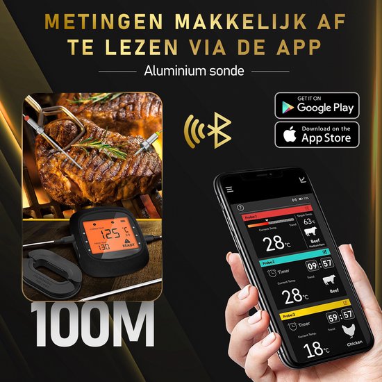 MostEssential PRO-3 Digitale Vleesthermometer - BBQ Thermometer - Draadloos met App - Bluetooth 5.0 - 100M Bereik - Inclusief 3 Meetsondes & Luxe Opberghoes