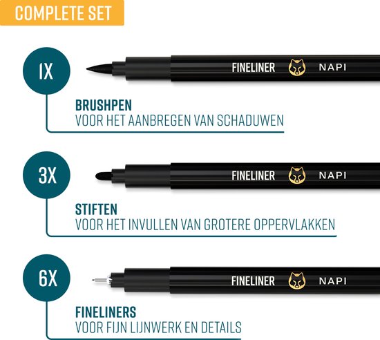 NAPI 10 Fineliners Zwart Incl. Brush Pen & Liniaal - 0,2 tot 3mm - Pennen Zwart - Bullet Journal Accessoires - Tekenpennen Set