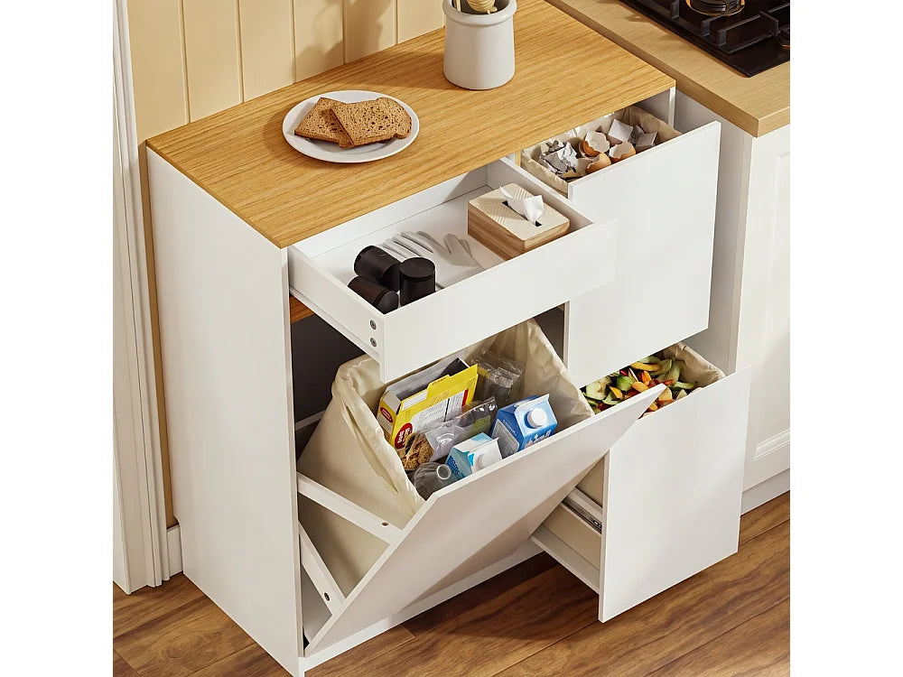 SoBuy Vrijstaande Keukenkast met Afvalscheiding – 2 x 12L – 3 Laden – 80 x 38 x 90 cm – Wit/Licht Eiken