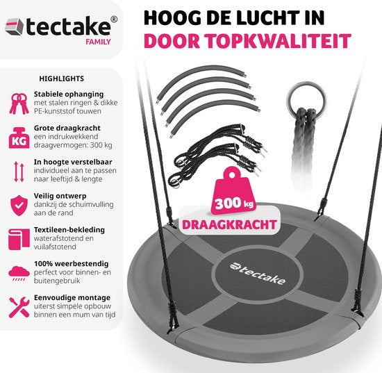 tectake® - Nestschommel - Mandschommel draagvermogen van max. 300 kg - Schommel voor kinderen en volwassenen - Tuinschommel voor buiten of hangstoel voor binnen - Speelgoed voor in de tuin of kinderkamer - Ø 100 cm