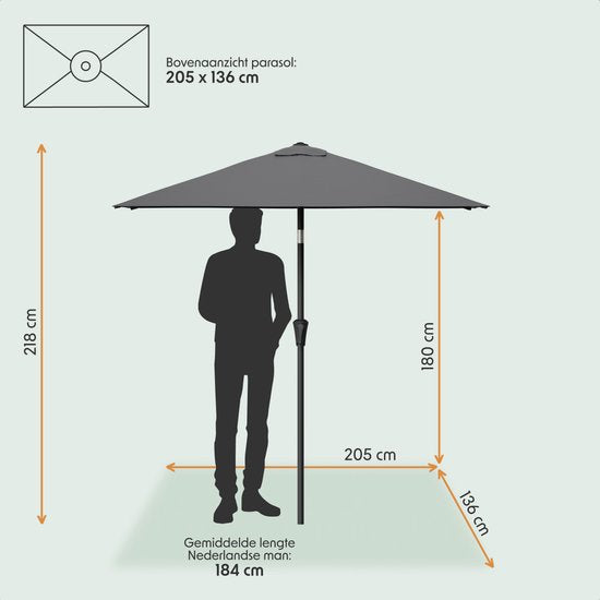 LifeGoods Parasol - Tuin - 210x140cm - 30° Kantelbaar - Waterdicht - UPF50+ - Donkergrijs