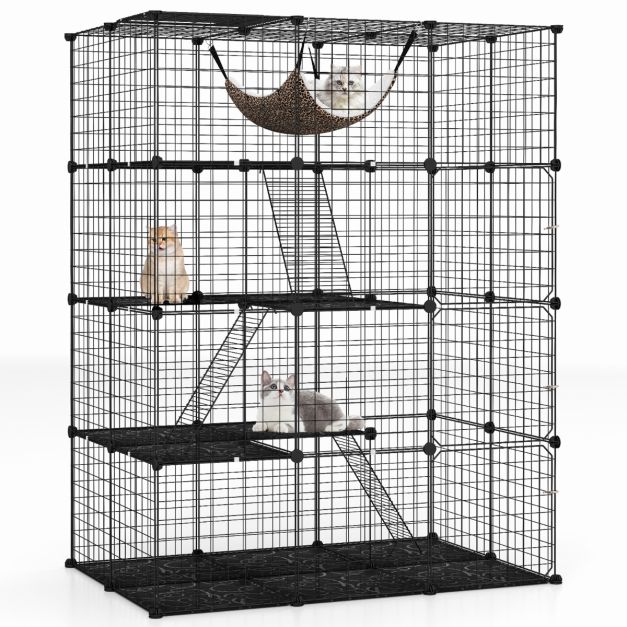 Ruime 4-laagse kattenkooi 143 cm hoog – Zwarte metalen draadkooi met hangmat, plateaus en ladders voor katten en kleine huisdieren