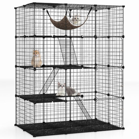Ruime 4-laagse kattenkooi 143 cm hoog – Zwarte metalen draadkooi met hangmat, plateaus en ladders voor katten en kleine huisdieren