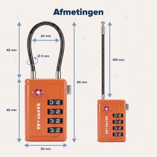 TRVLMORE Kofferslot met Kabel - TSA Gecertificeerd - Alarmfunctie - 4-Cijferig - 2 Stuks - Oranje