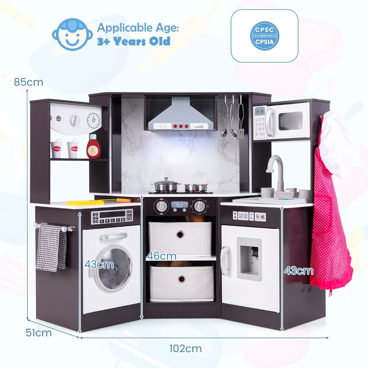 Coast Houten Speelkeuken voor Kinderen - met licht en geluid - waterdispenser en wasmachine - zwart