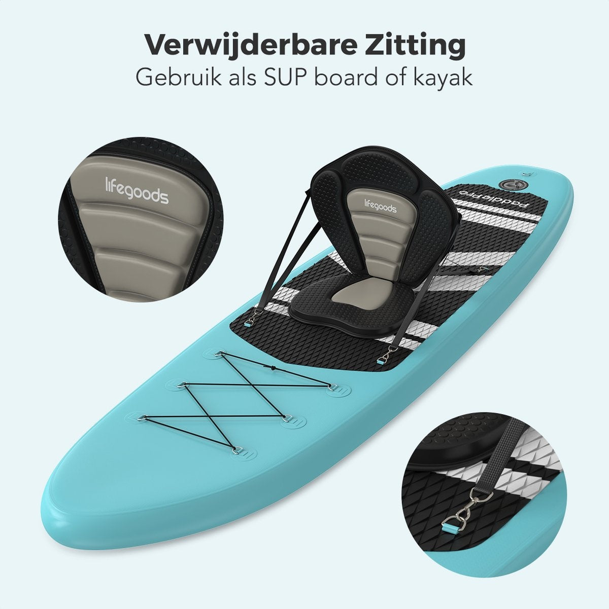 LifeGoods SUP Board - met Zitje - Opblaasbaar Paddle Board - Complete Set - Max. 135KG - 320x81cm - Mintgroen/Zwart