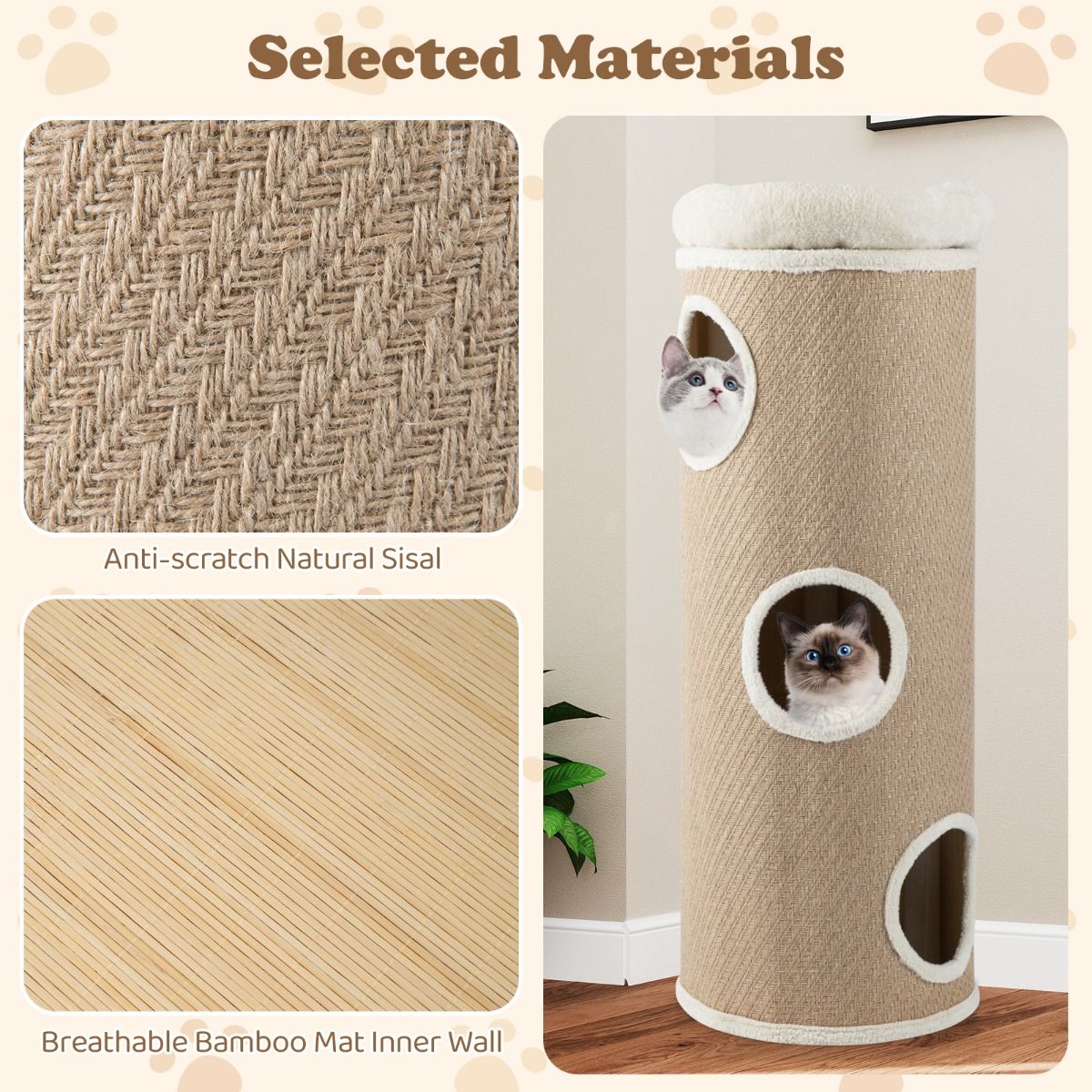 Coast Kattenhuis met Vier Verdiepingen - Pluche Bed - Sisal Krabpalen - Bruin 43 x 43 x 113 cm