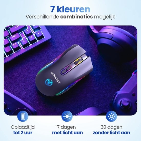 Garpex® Stille Draadloze Muis - Gaming muis - Computermuis - Muis Draadloos - Met LED Verlichting - Oplaadbaar - Zwart