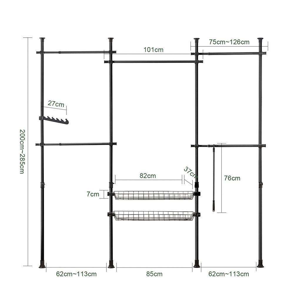 SoBuy Kledingrek - 4 Rekken - Verstelbaar - 305 x 5 x 270 cm - Zwart