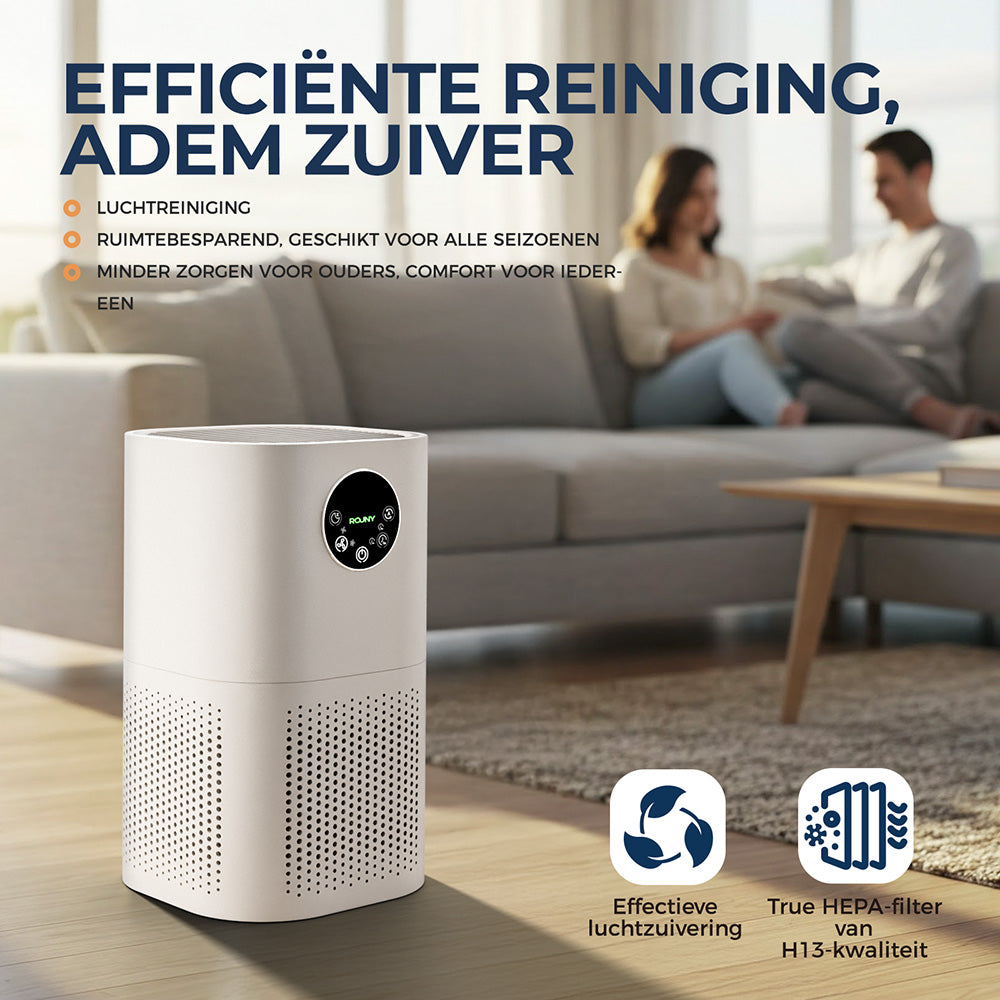 Rouny luchtreiniger voor thuis, H13 echt HEPA-filter, CADR 150 m³/u, bereik 20-50 m², slaapmodus ≤25 dB, luchtkwaliteitsdisplay, 4 ventilatorsnelheden voor huisdieren en slaapkamer, AP-T1
