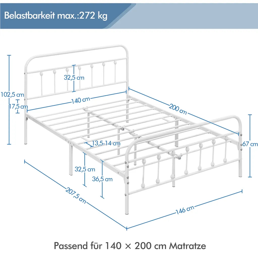 Yaheetech Metalen Bedframe 140 x 200 cm - Wit - Tweepersoonsbed met Lattenbodem en Hoog Hoofdbord