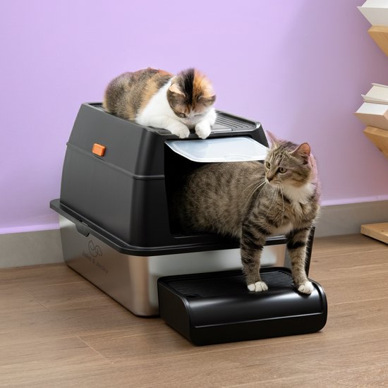 Jake en Jacky RVS Kattenbak - Kattentoilet Roestvrijstaal - Incl. Kattenbakschep met Houder en Gritopvang Opstapje - 2 in 1 Open Kattenbak met Afneembare Deksel - 60x40x38cm - Zwart