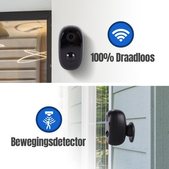 Smart Home Beveiligingscamera - Accu - Buiten - Incl App & SD Kaart - Nachtzicht - Zwart