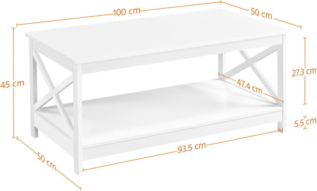 Salontafel met 2 Legplanken en X-Vormig Frame 100 × 50 × 45 cm Wit