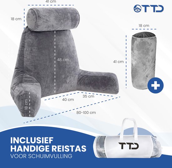 TTD® Premium XXL Leeskussen met Nekrol - Bookseat - Leeskussen voor in Bed - Ergonomisch Zitkussen met Verstelbare Vulling - Boekkussen - Inclusief Extra Minikussen - Fluweelzacht - Wasbare Hoes